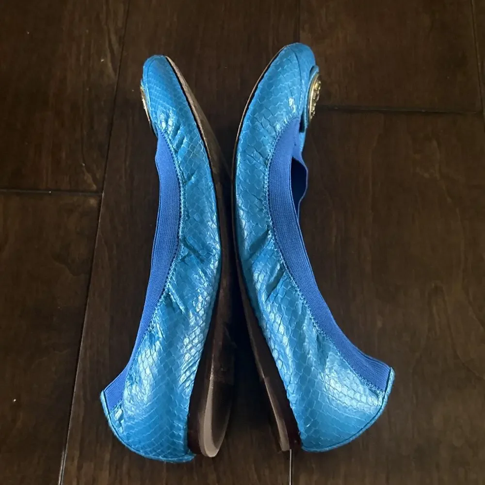 Tory Burch Caroline Snakeskin Print Turquoise Blue Leather Ballet Flats 7.5 M