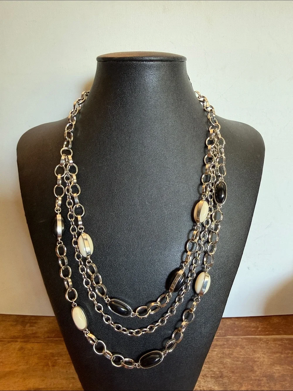 Layered Black and Cream Multi-Strand Silver Tone Necklace - Women Jewelry