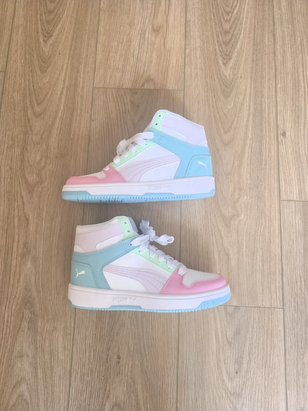 PUMA Rebound Layup Kids' High-Top Pastel Colorblock Sneakers - Pink/Blue/Green