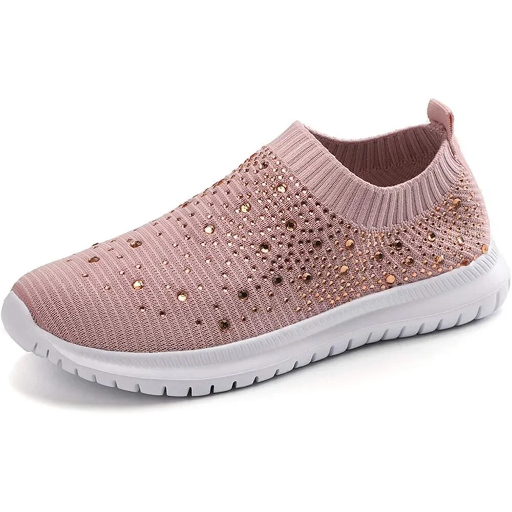 Women's Mesh Walking Shoes Rhinestone Glitter Slip On Ballroom Sneakers Pink