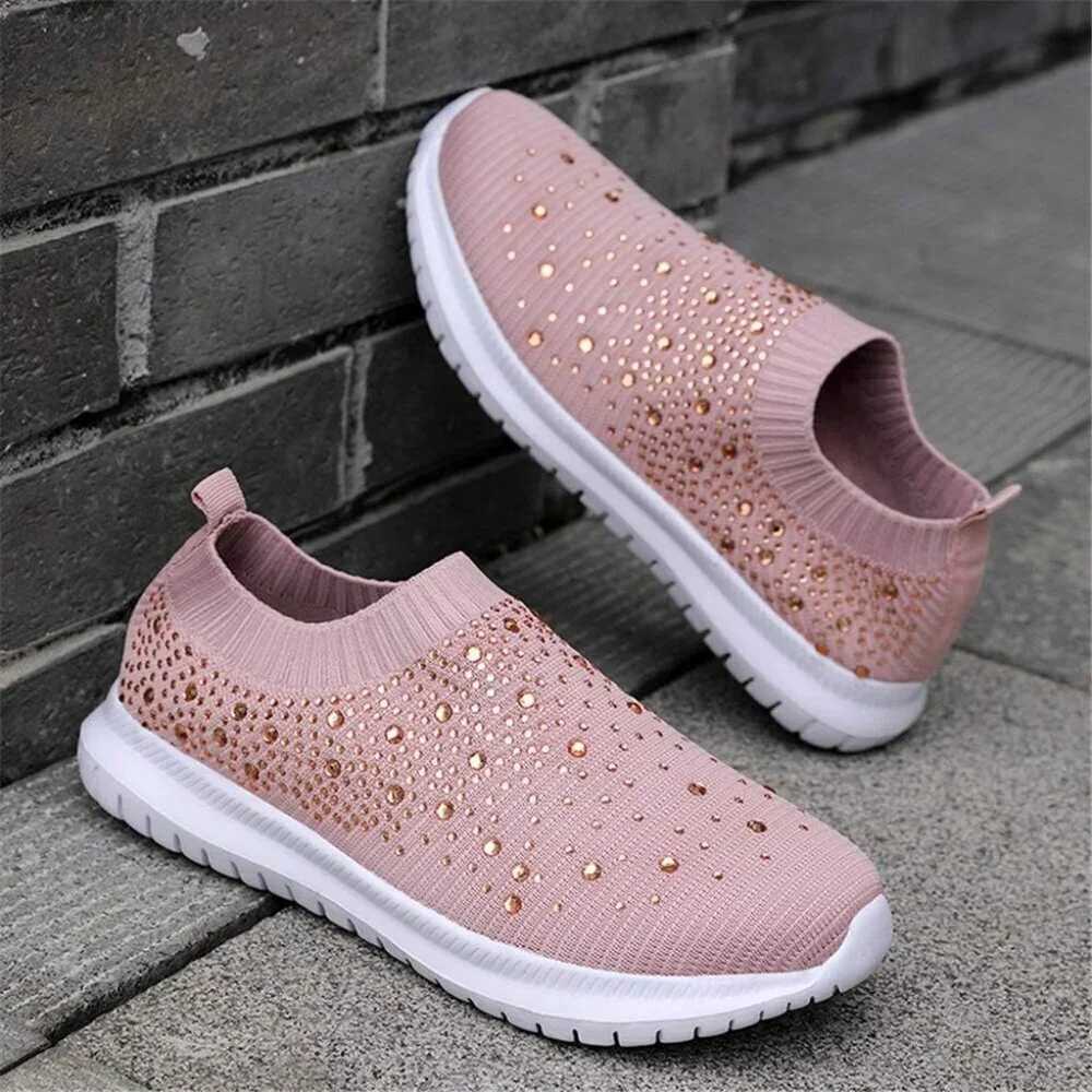 Women's Mesh Walking Shoes Rhinestone Glitter Slip On Ballroom Sneakers Pink