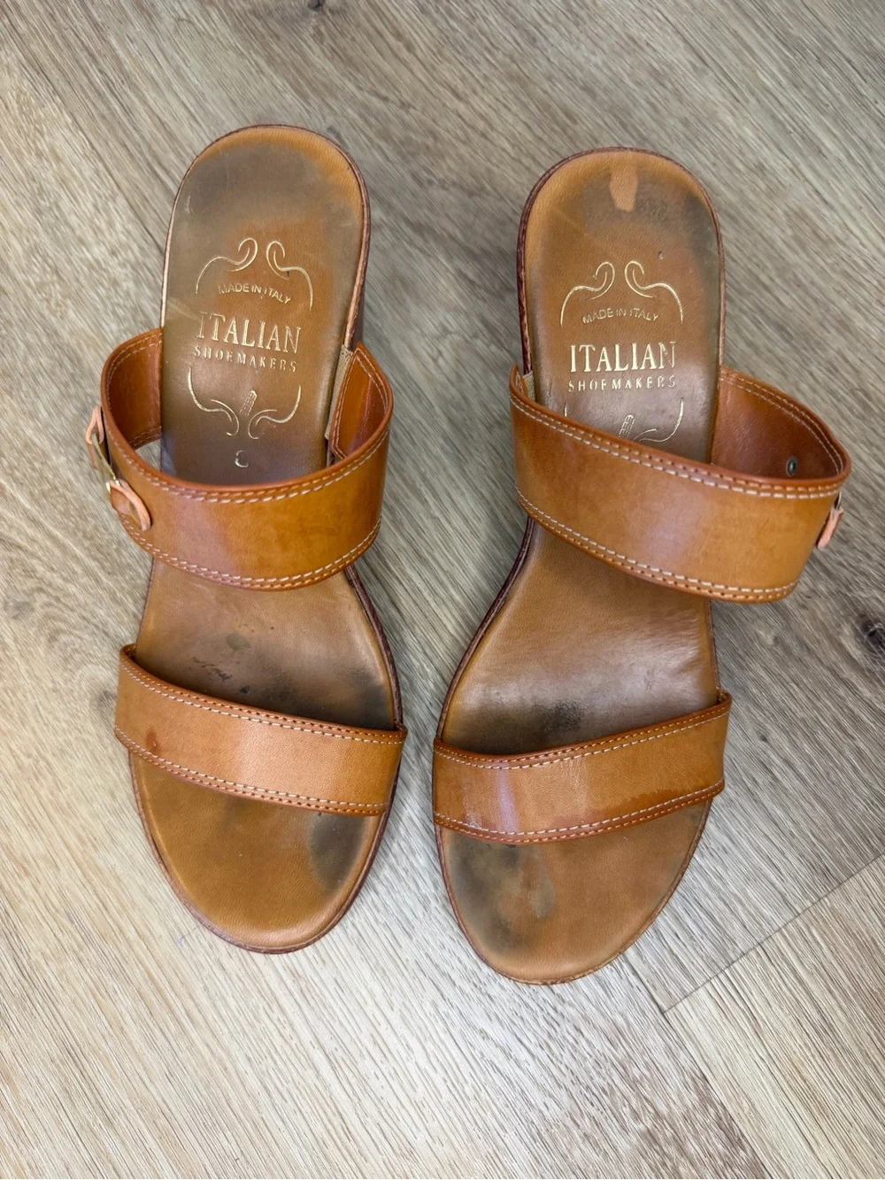 Italian Shoemakers made in Italy size 9 Tan Leather Double-Strap Wedge Sandals