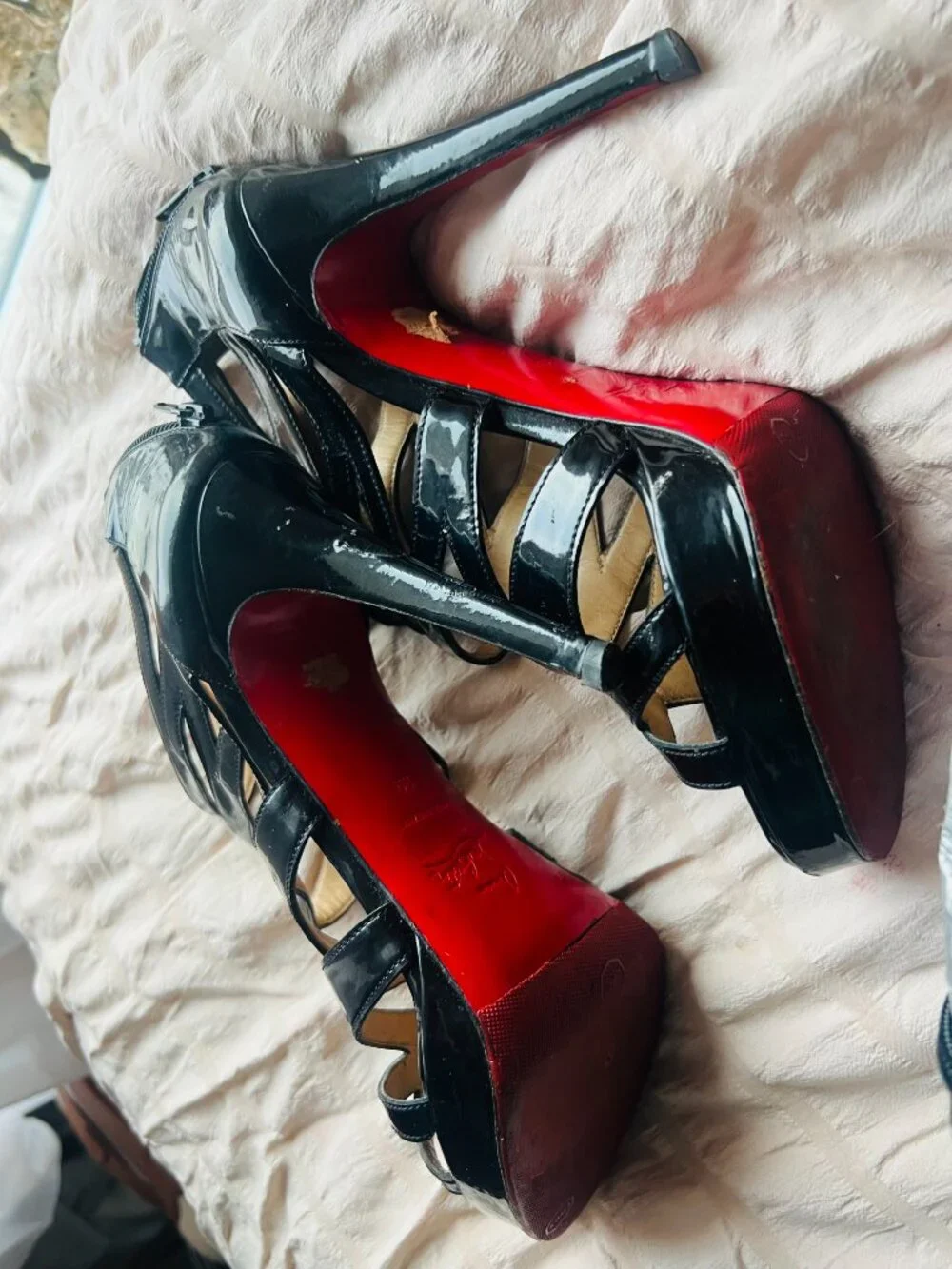 Christian Louboutins Black Patent Cutout Platform Pumps $349