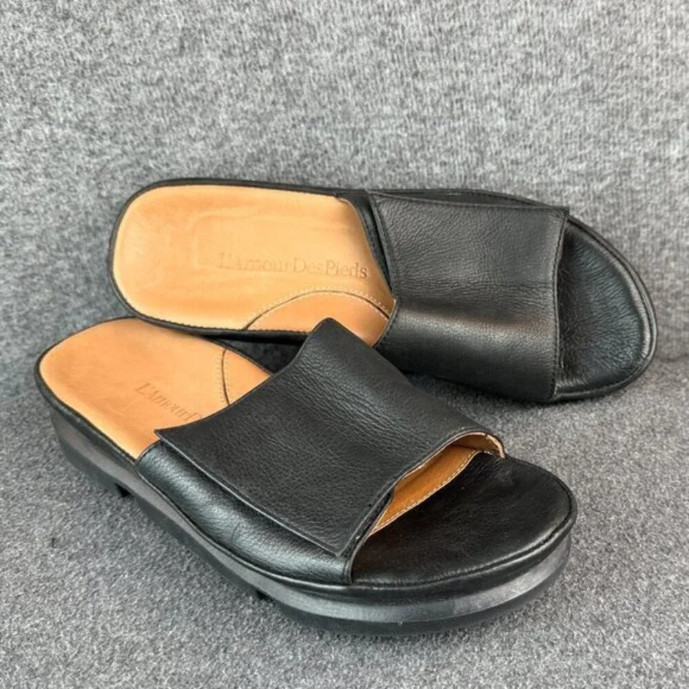 L’Amour Des Pieds Vester Black Leather Slide‎ Sandals Women’s 8M