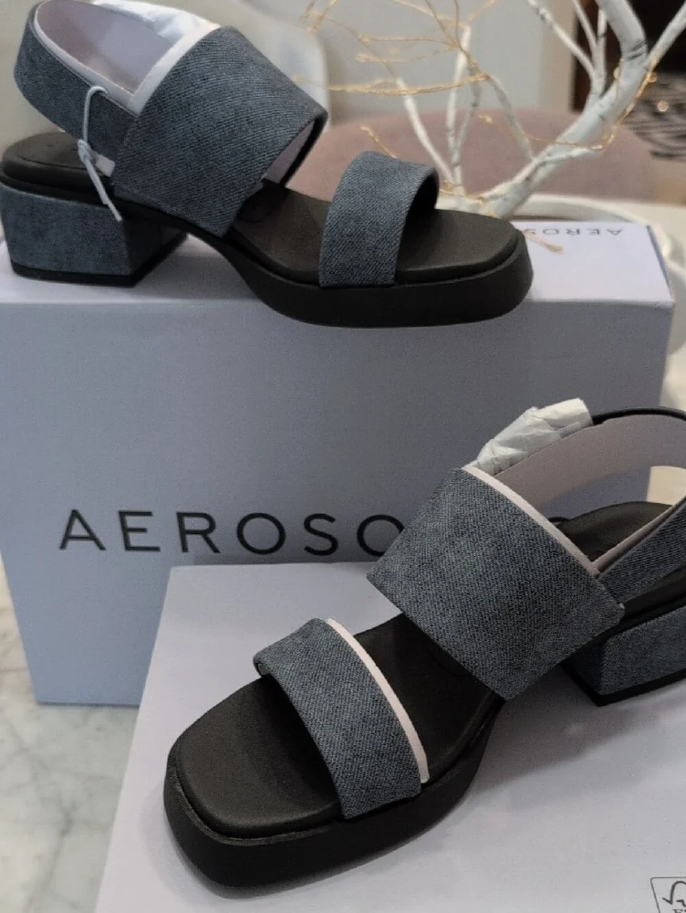 AEROSOLES Blue Denim Slingback Block Heel Sandals