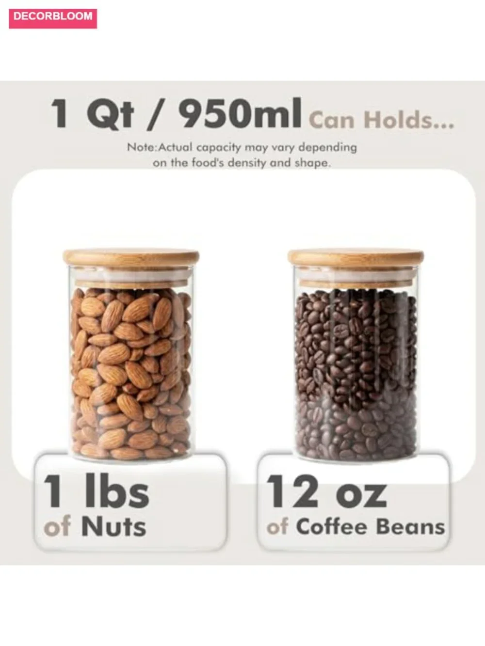6-Pack 1Qt Round Glass Storage Jars with Bamboo Lids Kitchen Organizer
