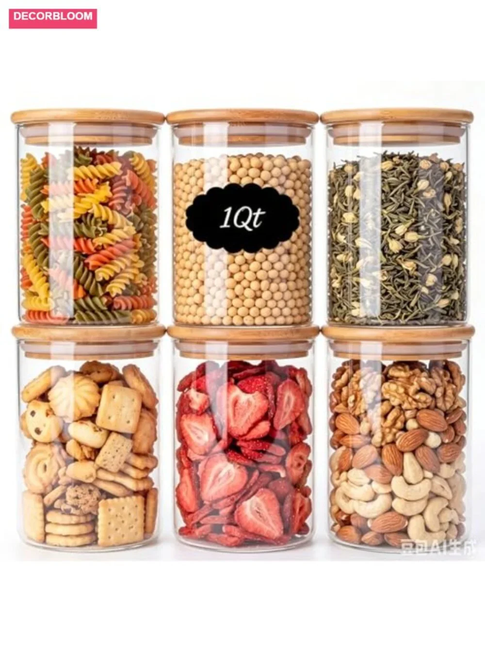 6-Pack 1Qt Round Glass Storage Jars with Bamboo Lids Kitchen Organizer