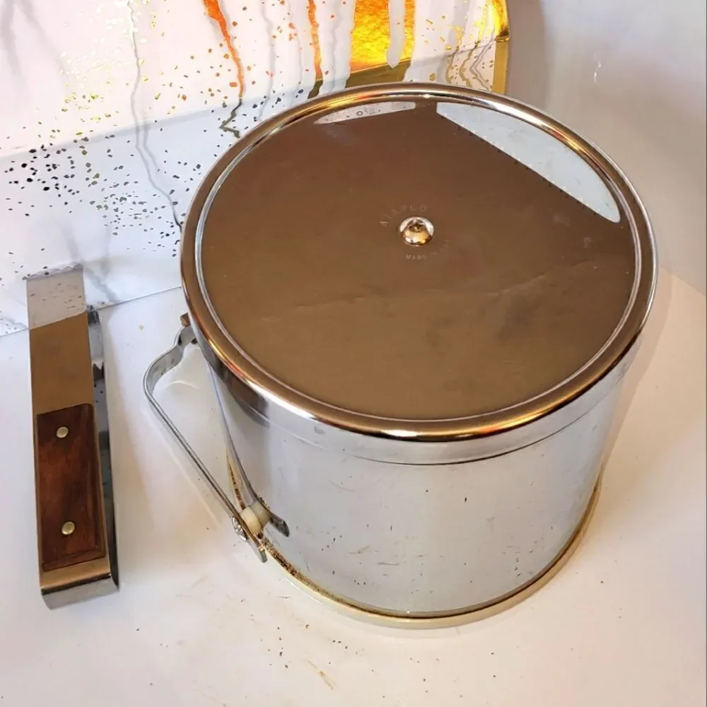Vintage Mint 1960's Atapco Chrome Teakwood Handle/Top Ice Bucket w/Tongs USA