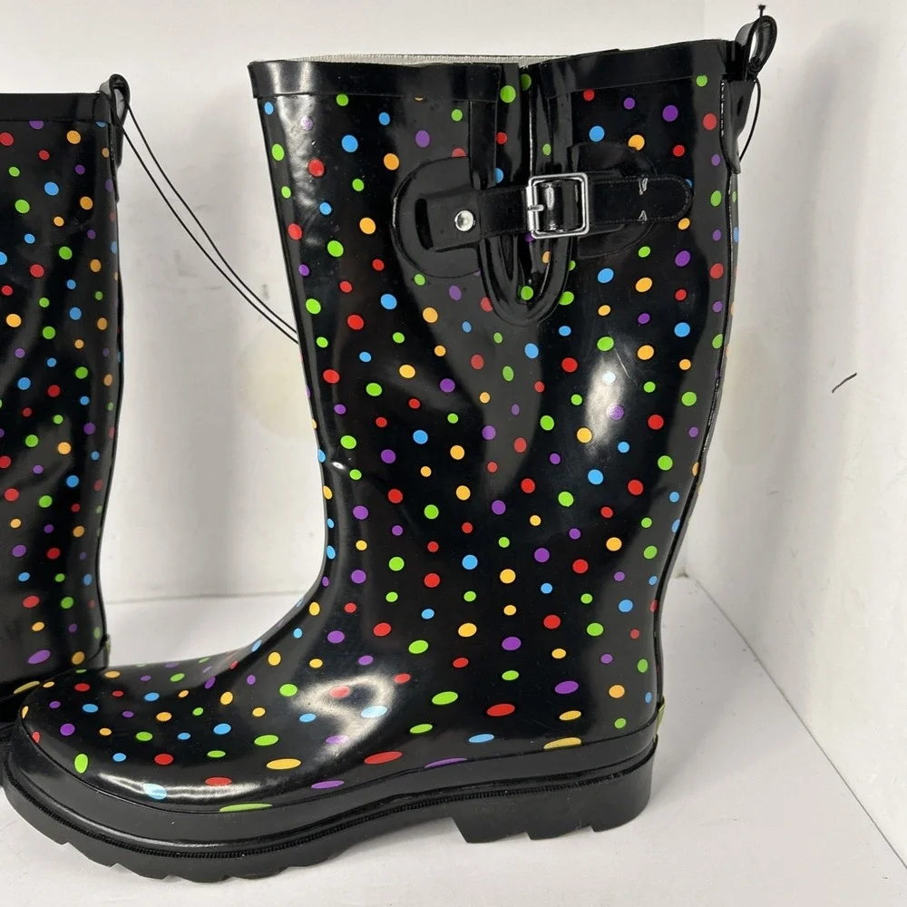 Western Chief Women 11 M Rain Boot Black Ditsy Polka Dot Pull On Shoe Waterproof