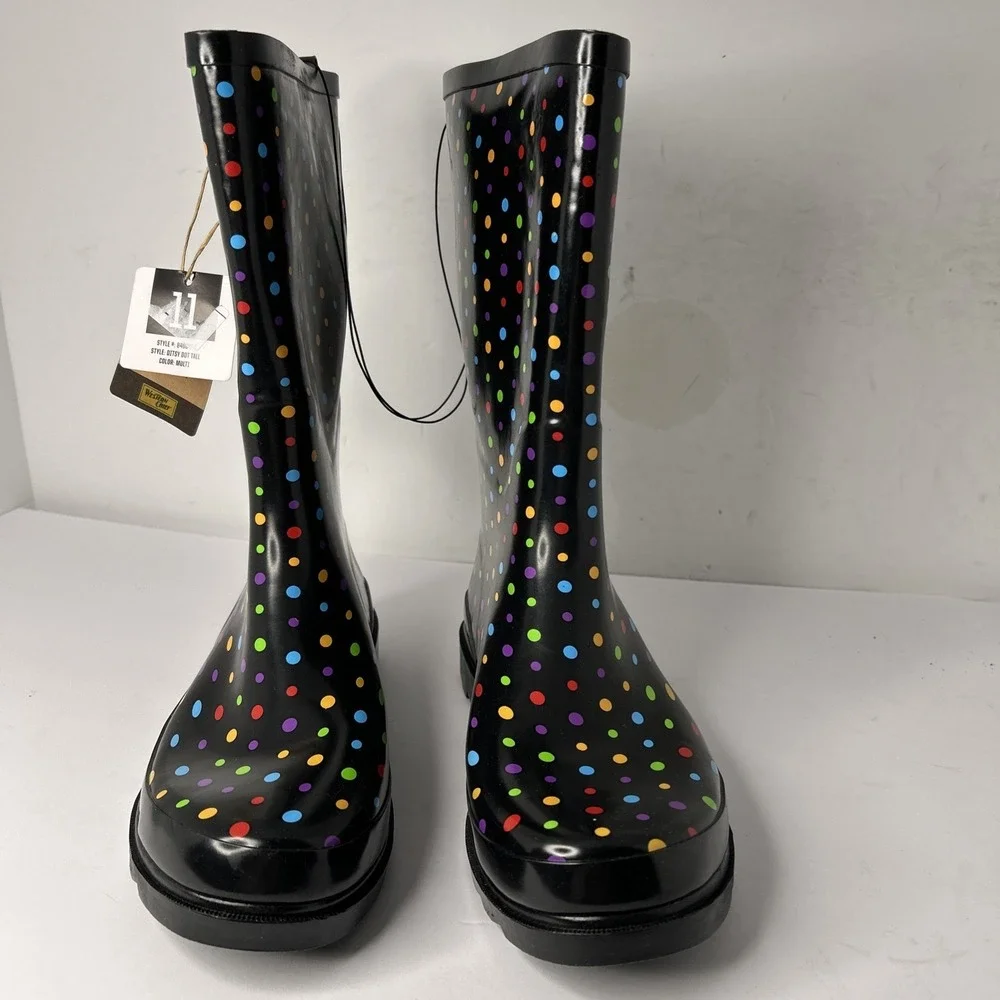Western Chief Women 11 M Rain Boot Black Ditsy Polka Dot Pull On Shoe Waterproof