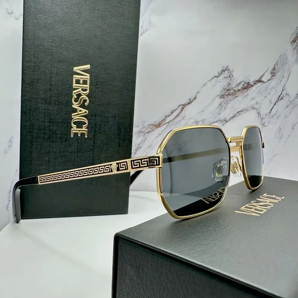New VERSACE Sunglasses Gold Metal Rectangle Greca Logo Grey Lens Retro Authentic