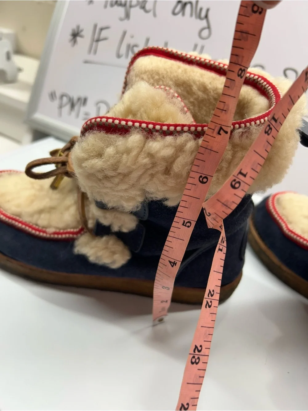 Vintage Tory Burch Shearling-Trim Navy Winter Boots with Red Trim