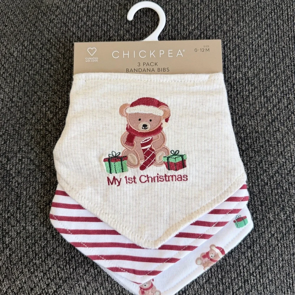 Chick Pea My first Christmas Festive Bear Bandana 3 pack Bibs - Cream and Red