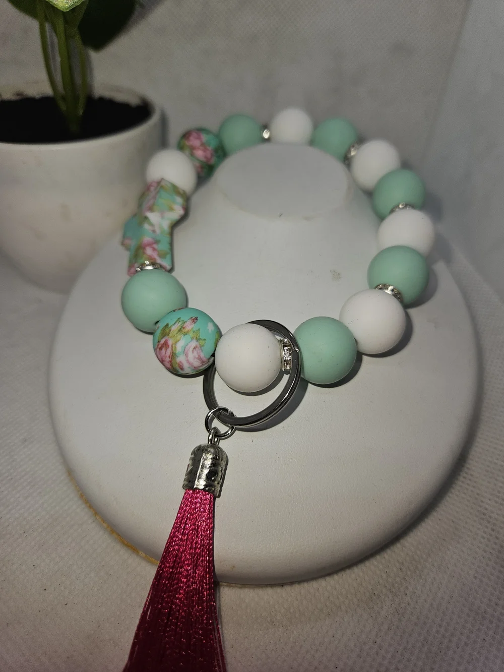 Mint & White Beaded Key Ring with Pink Tassel