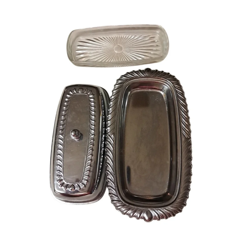 Vintage Chrome Plated Butter Dish & Lid  Irvingware Made In‎ USA Glass Insert