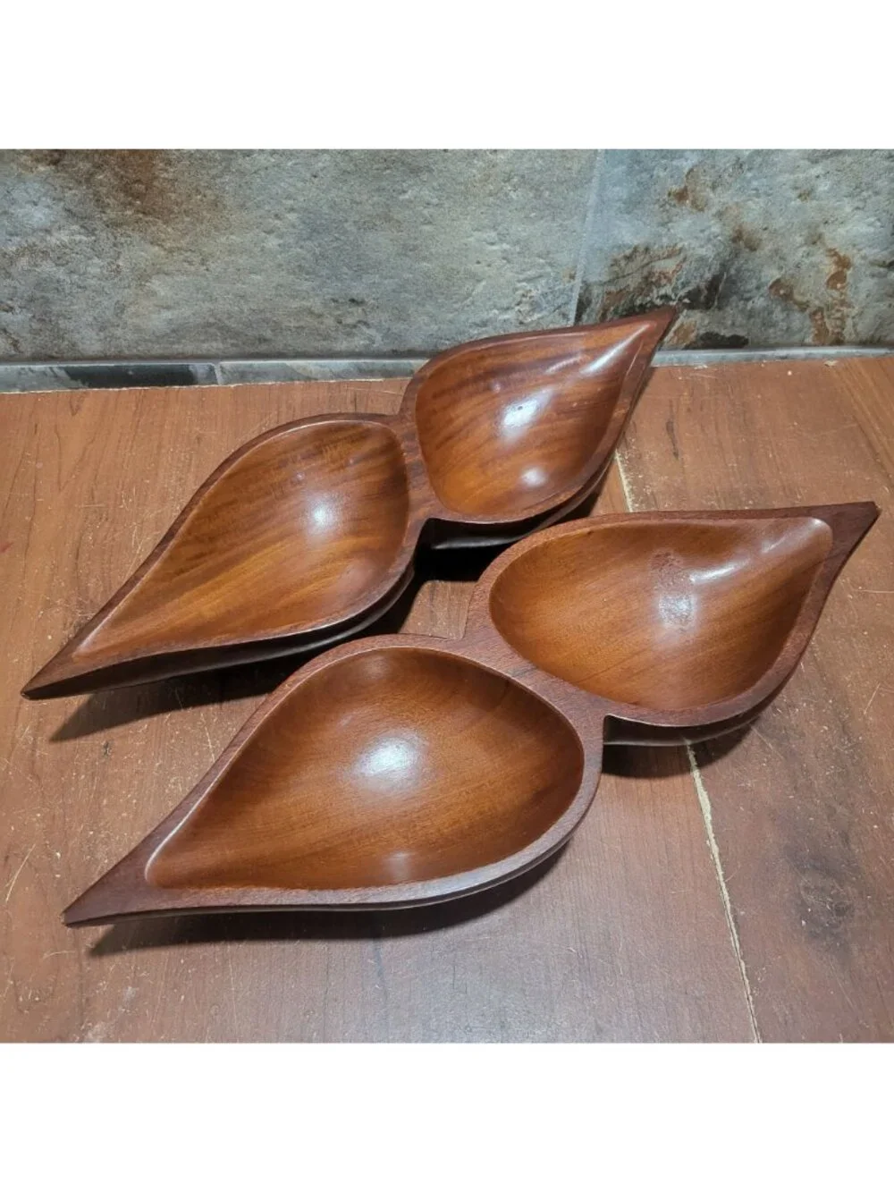 Vintage MCM Monkey Pod Wood 2 Compartment Divided Serving Dish Tray Set of 2