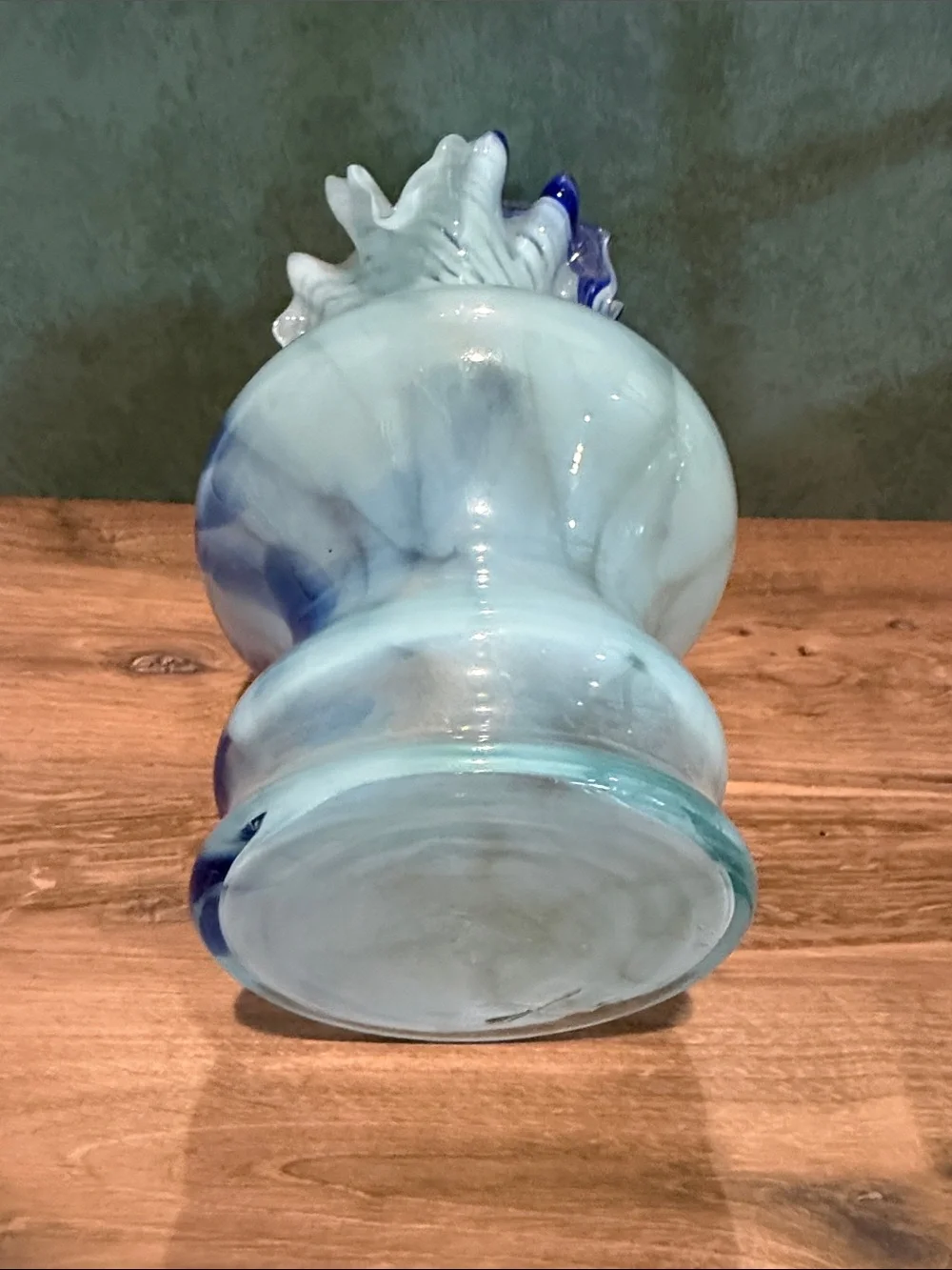White and Blue Art Glass Ruffled Vase