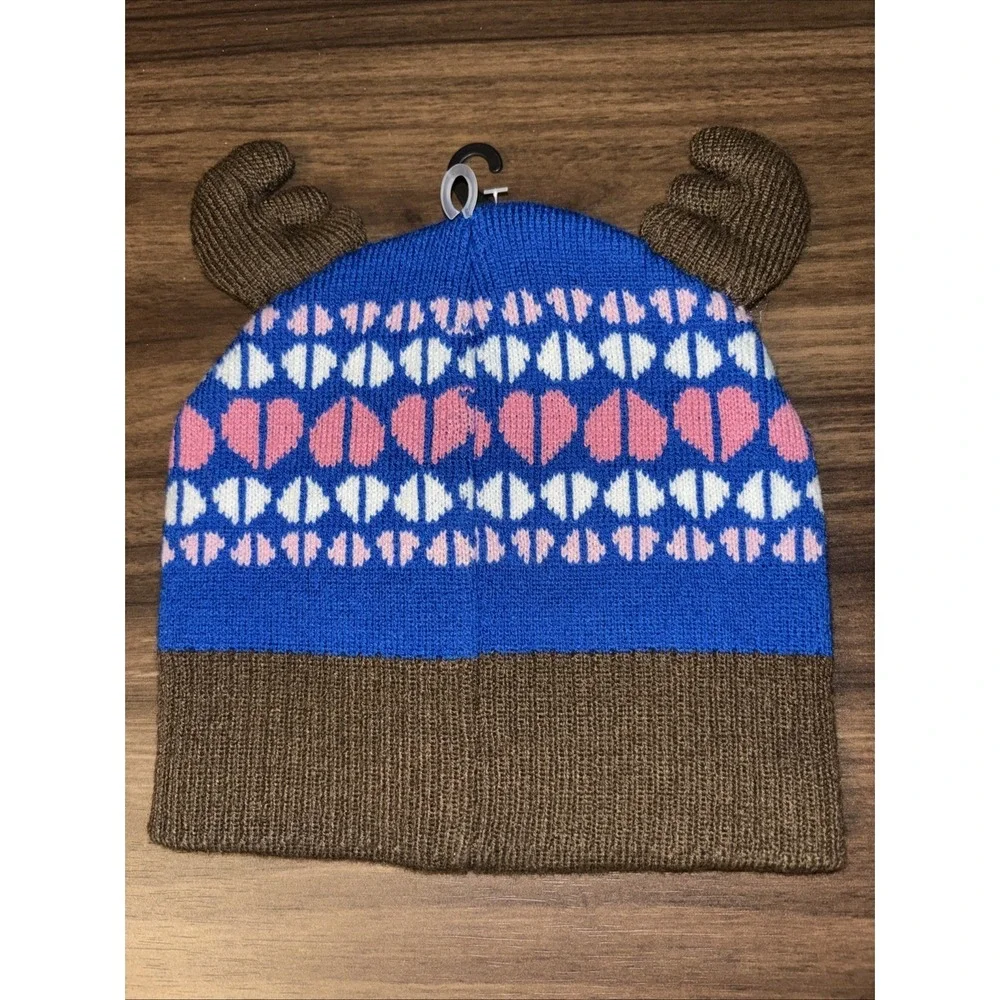 New Alaska Youth Winter Moose Ears Beanie Hat Toboggan Blue Brown Embroidered