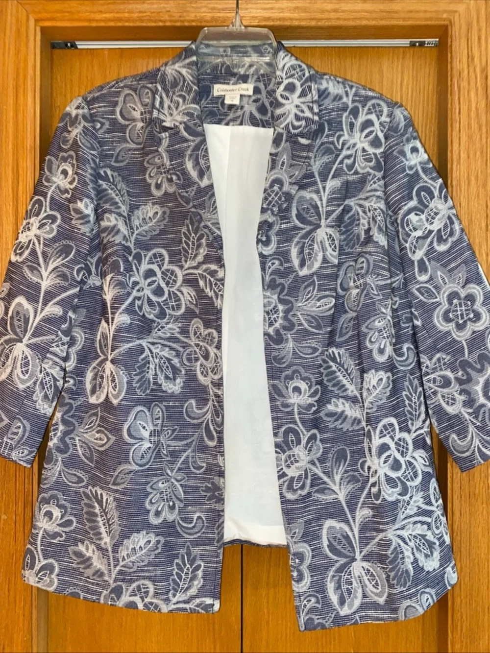 Coldwater Creek Tapestry Jacquard Blazer Jacket Size 16 Blue Floral Artsy Boho