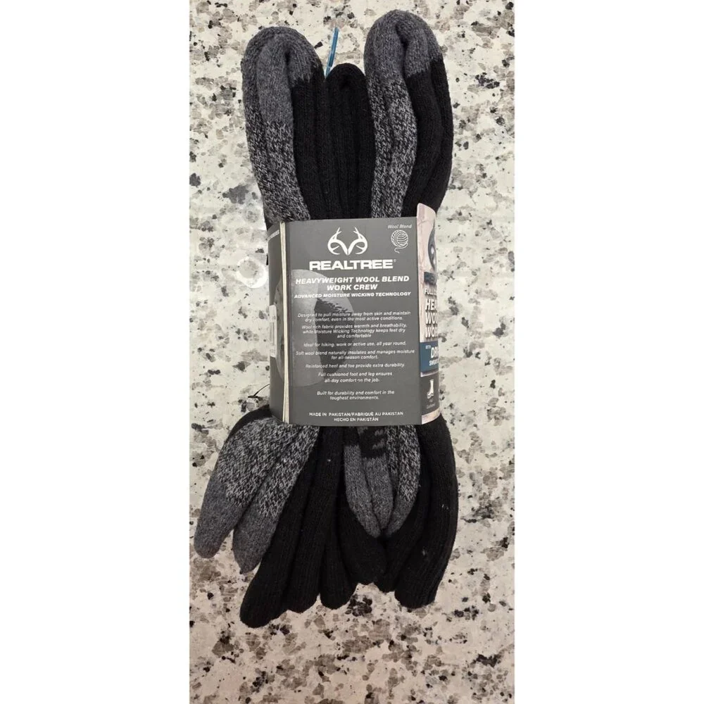Realtree 3 Pair Heavyweight Wool Blend Work Crew Socks‎ Mens 6-12