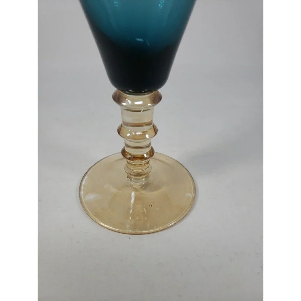 Vintage MCM Smoky Blue Glass Goblet Amber Stepped Ribbed Stem 2-Tone Wine Glass