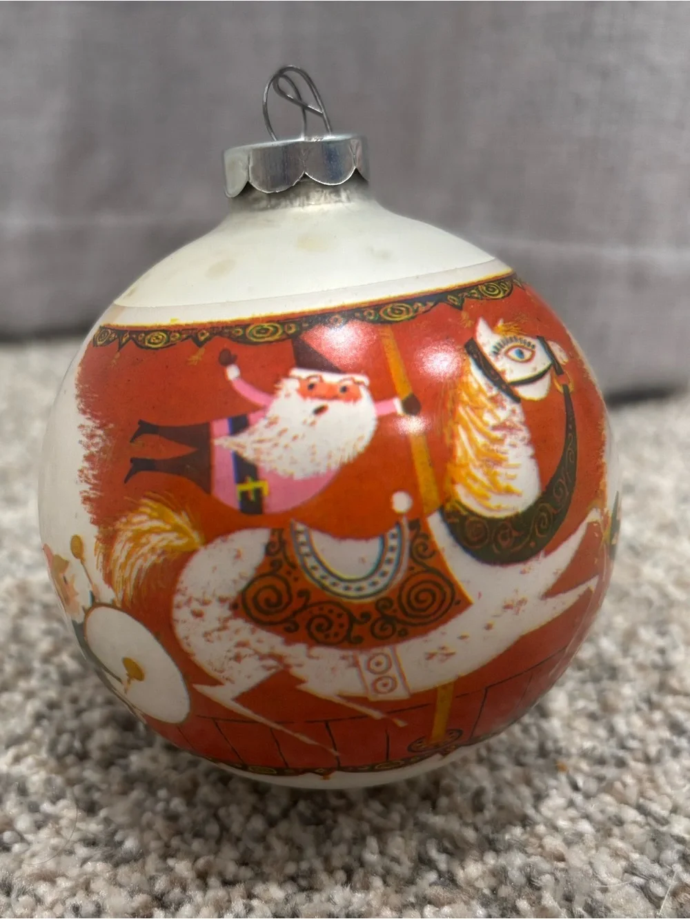 Vintage W. Rutherford Corning Glass Ornament Santa on Merry-Go-Round 3” USA Made