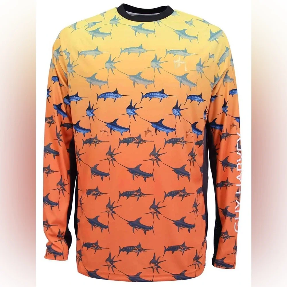 Guy Harvey Marlin Bimini Blast Orange Blue Long Sleeve Rash Guard Shirt Size S
