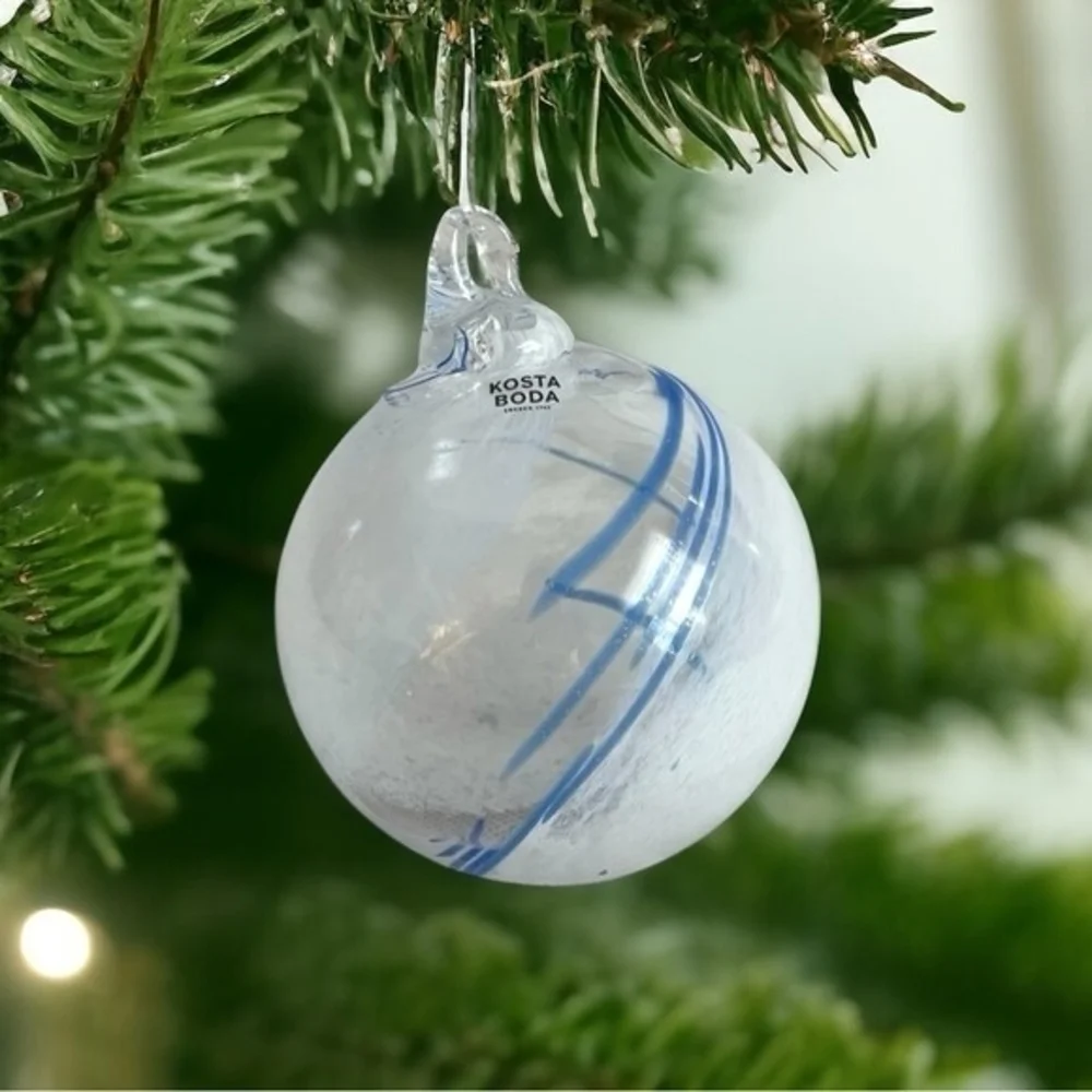 Kosta Boda White Blue Swirl Glass Ball Ornament 3.5