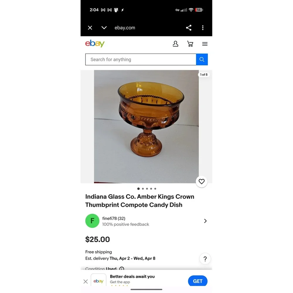 Indiana Glass‎ Co Amber Kings Crown Thumbprint Compote Candy Dish MCM Glassware