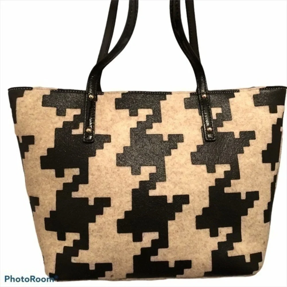 Kate spade houndstooth twinkle harmony wool tote bag in black dark beige