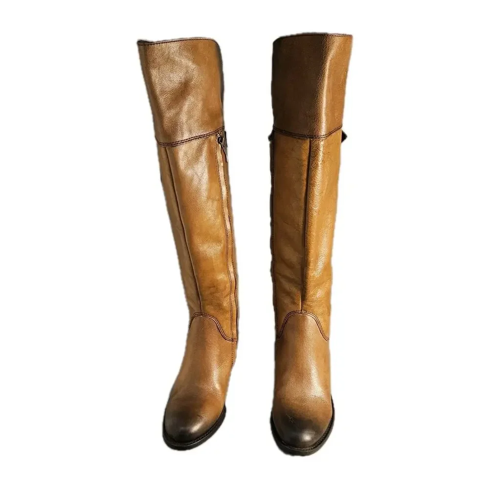 Vince Camuto Women Sz 5.5 M Over-the -knee BOLLO Moto -Boot Studs, Zip, Brown