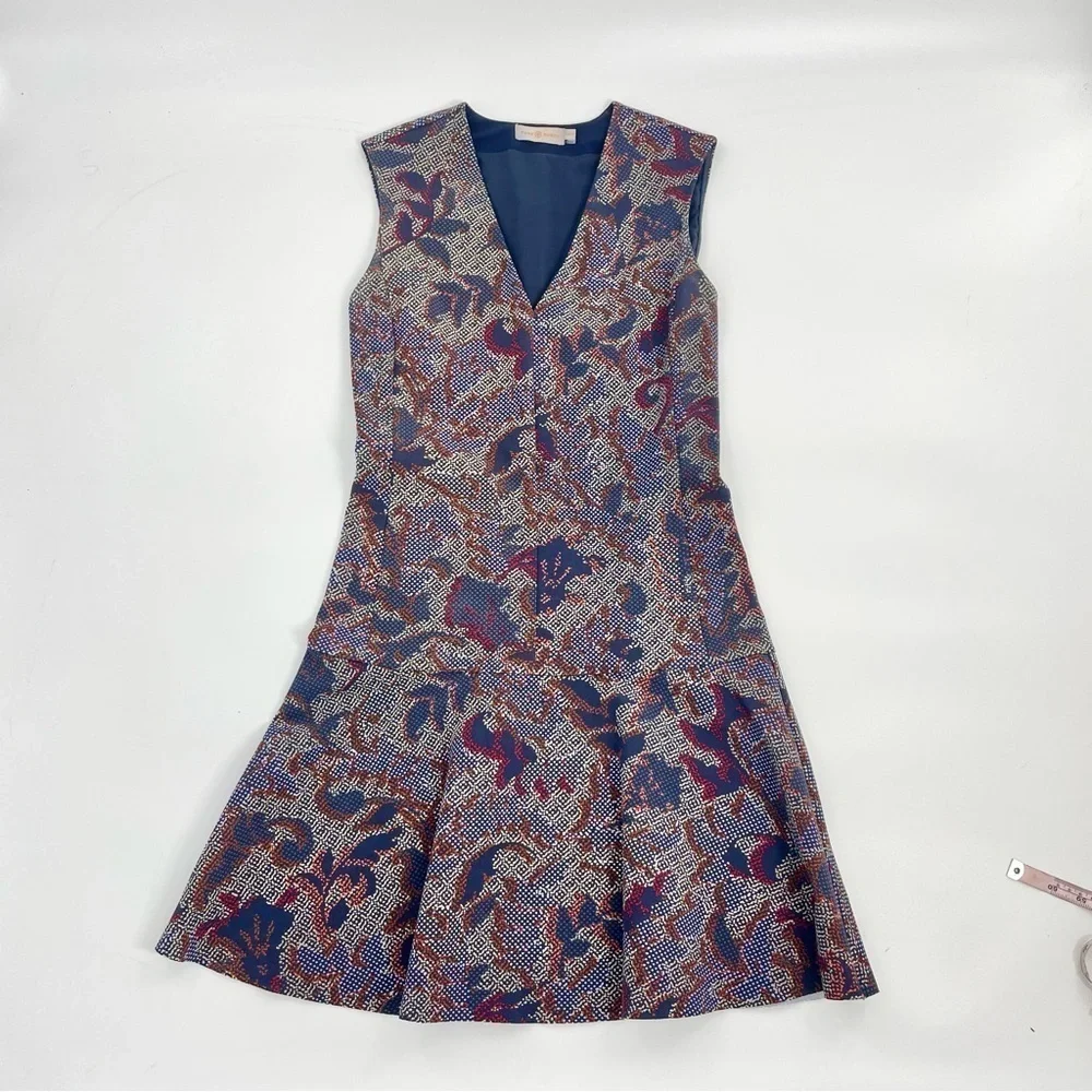 Tory Burch Calico Pixelated‎ Blue Neutral V-Neck Floral Fit n’ Flare Dress Sz XS
