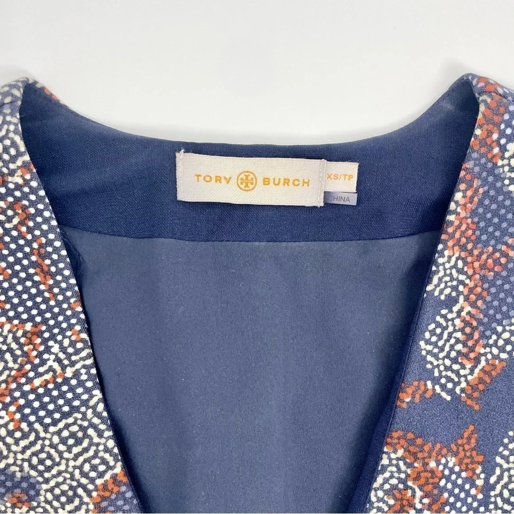 Tory Burch Calico Pixelated‎ Blue Neutral V-Neck Floral Fit n’ Flare Dress Sz XS