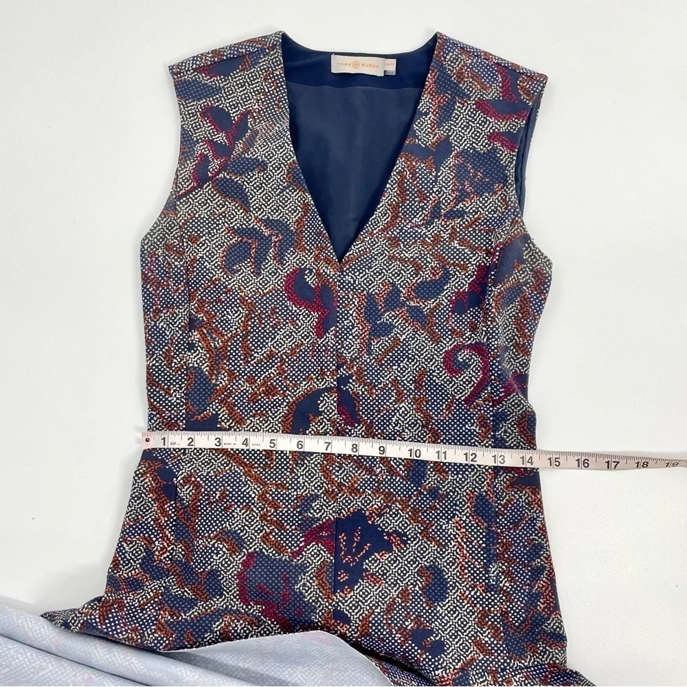 Tory Burch Calico Pixelated‎ Blue Neutral V-Neck Floral Fit n’ Flare Dress Sz XS