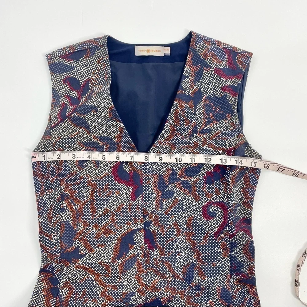 Tory Burch Calico Pixelated‎ Blue Neutral V-Neck Floral Fit n’ Flare Dress Sz XS