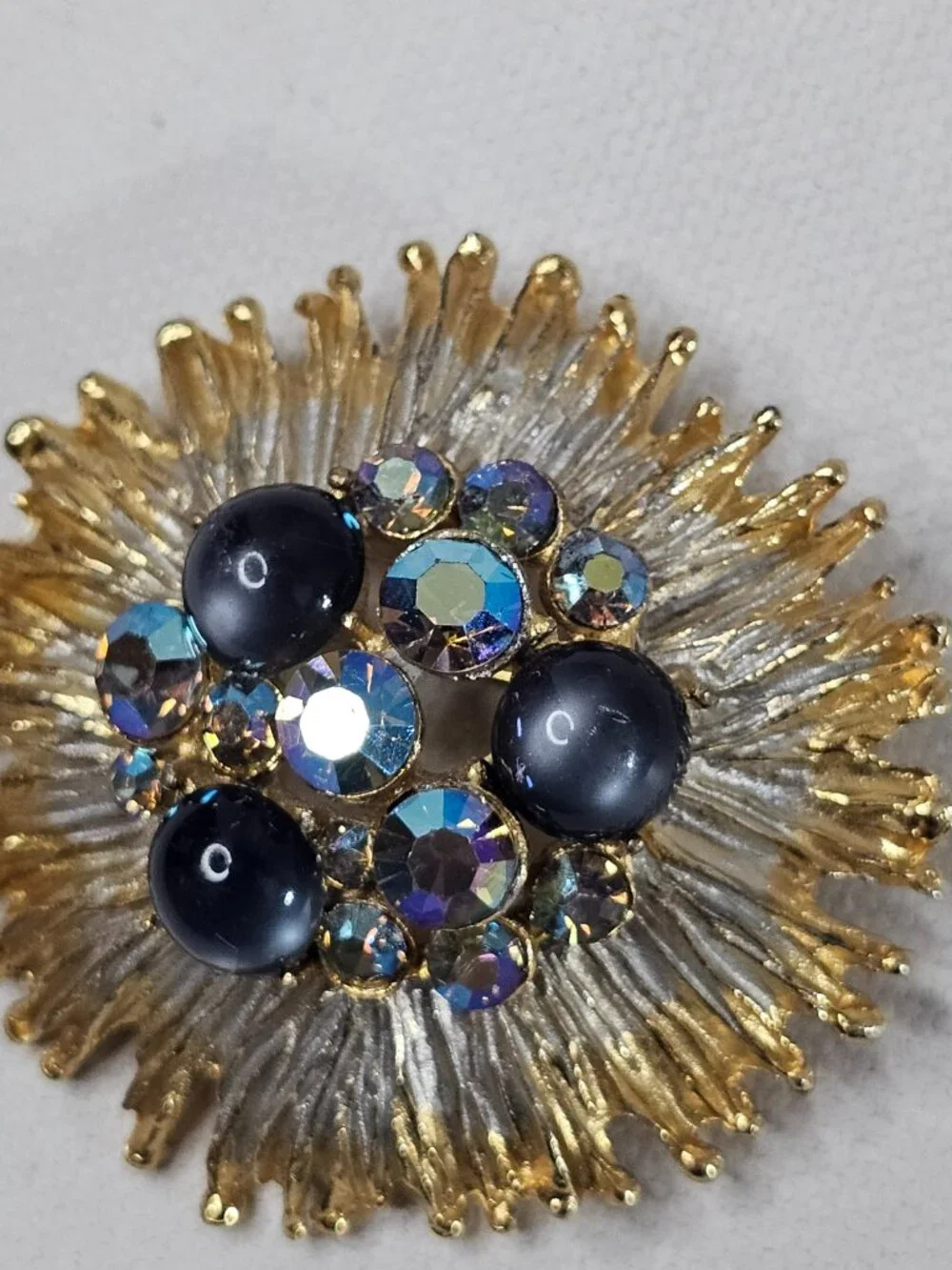 Gold Silver Tone Dome Starburst Brooch Flower Cluster AB Gray Cat Eye Unmarked