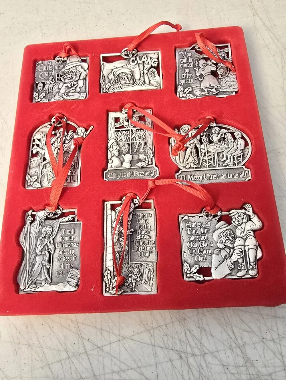 Vintage 1995 May Dept. Stores Pewter Christmas Carol Ornaments Set of Nine