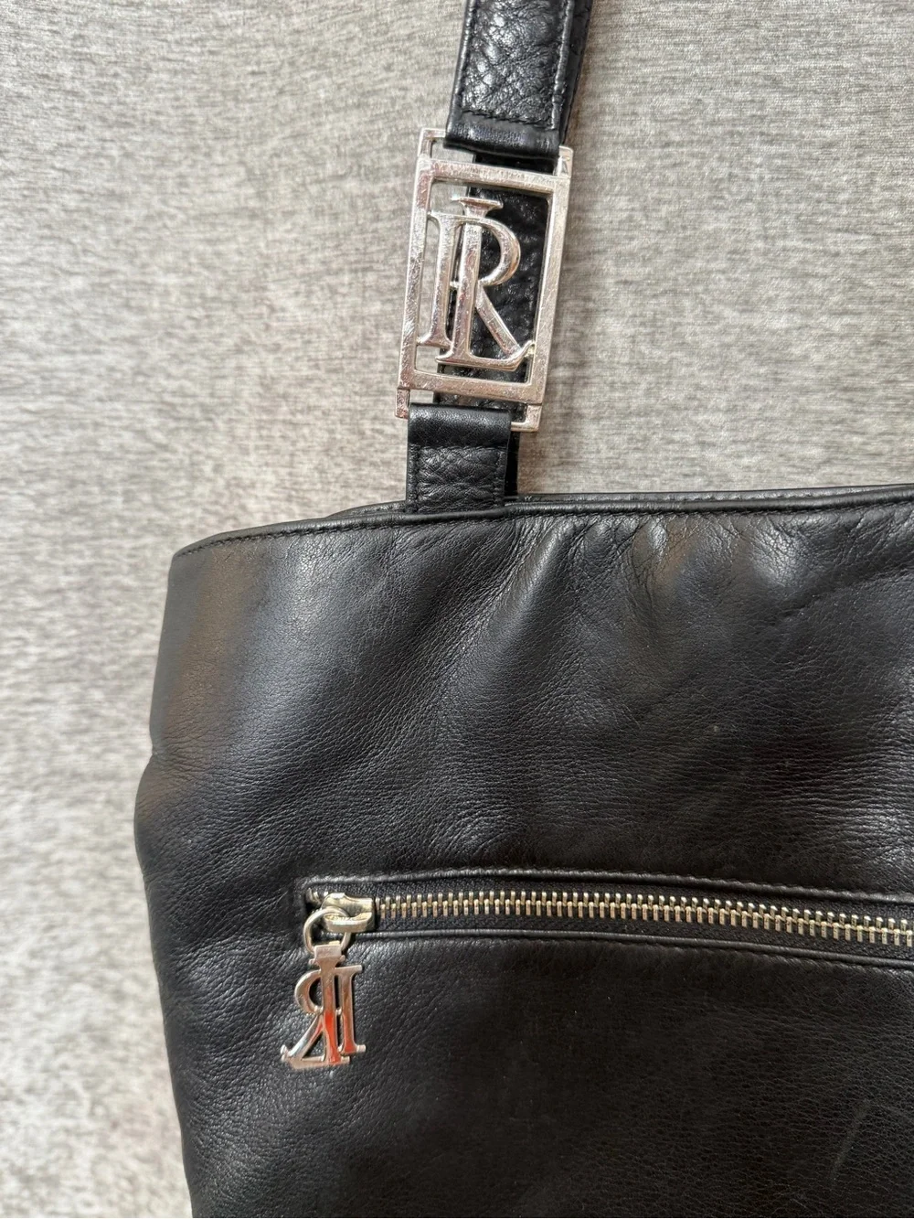 Ralph Lauren Black Leather Shoulder Tote with Silver RL Hardware