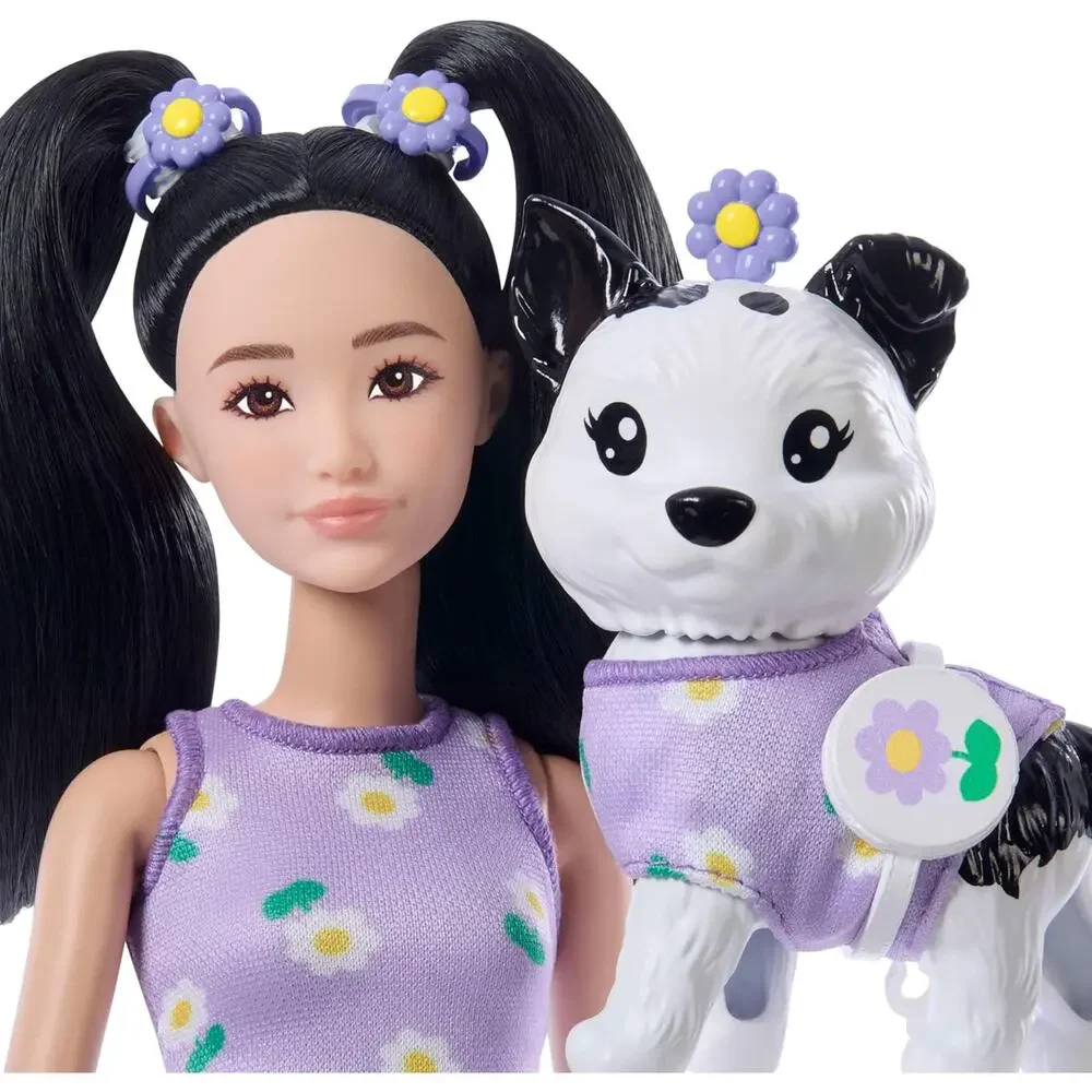 Barbie Twinning Looks Doll with Pet Dog in Matching Purple Daisy Clothes NWT