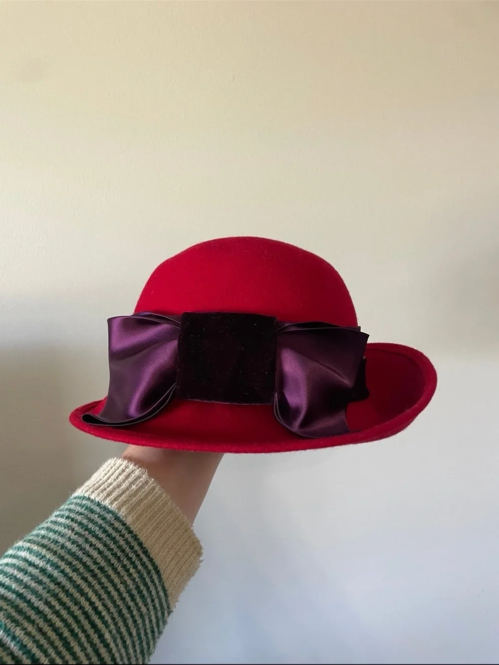 Red Wool Cloche Hat with Purple Bow