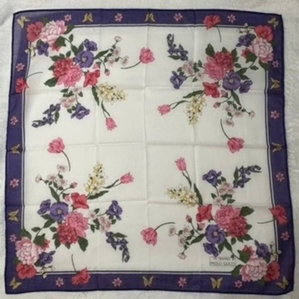 Vtg PAOLO GUCCI Scarf Handkerchief Floral Butterfly White Purple 16.5