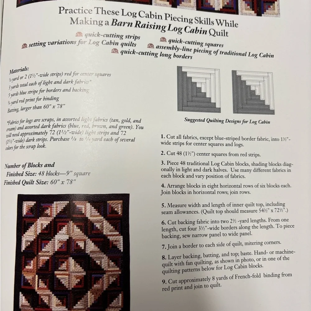 Red and Blue Log Cabin Quilt with Intricate Stitching