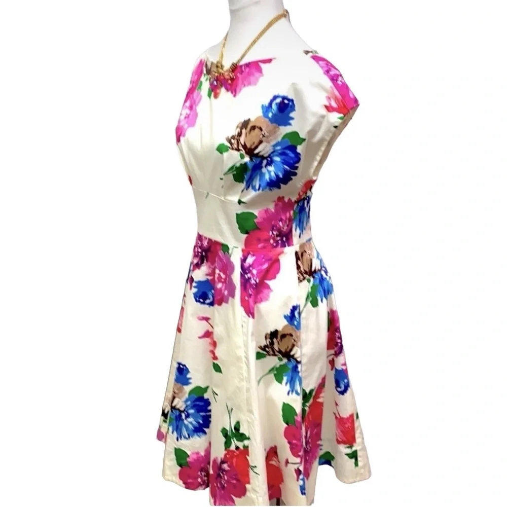kate spade White Floral Fit-and-Flare Dress with Pink, Blue & Green Print