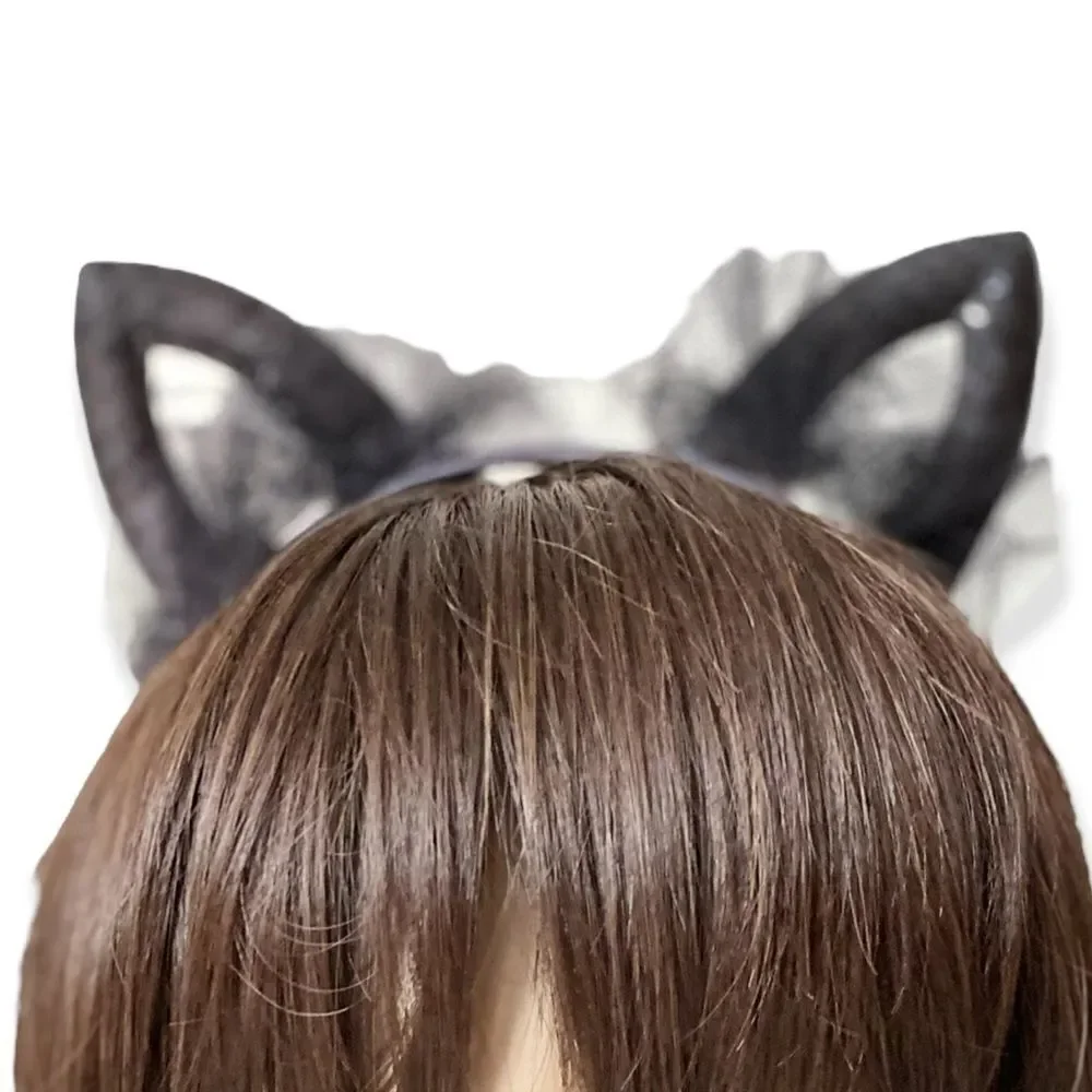 Black Lace Sequins Cat Ears Headband Cosplay Hair Accessory NEW