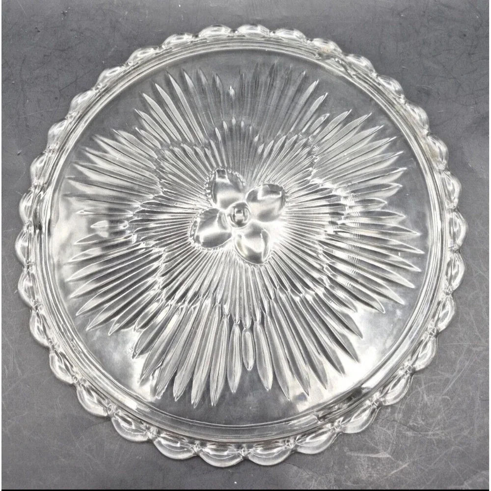 Vintage 70s Indiana Glass Footed‎ Cake Plate Floral Sunburst 11