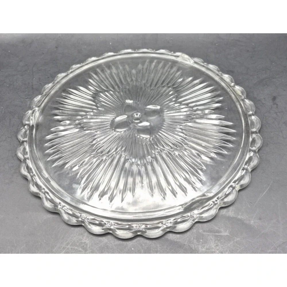 Vintage 70s Indiana Glass Footed‎ Cake Plate Floral Sunburst 11