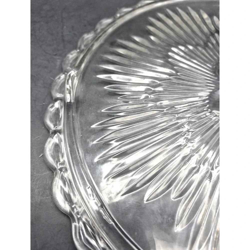 Vintage 70s Indiana Glass Footed‎ Cake Plate Floral Sunburst 11