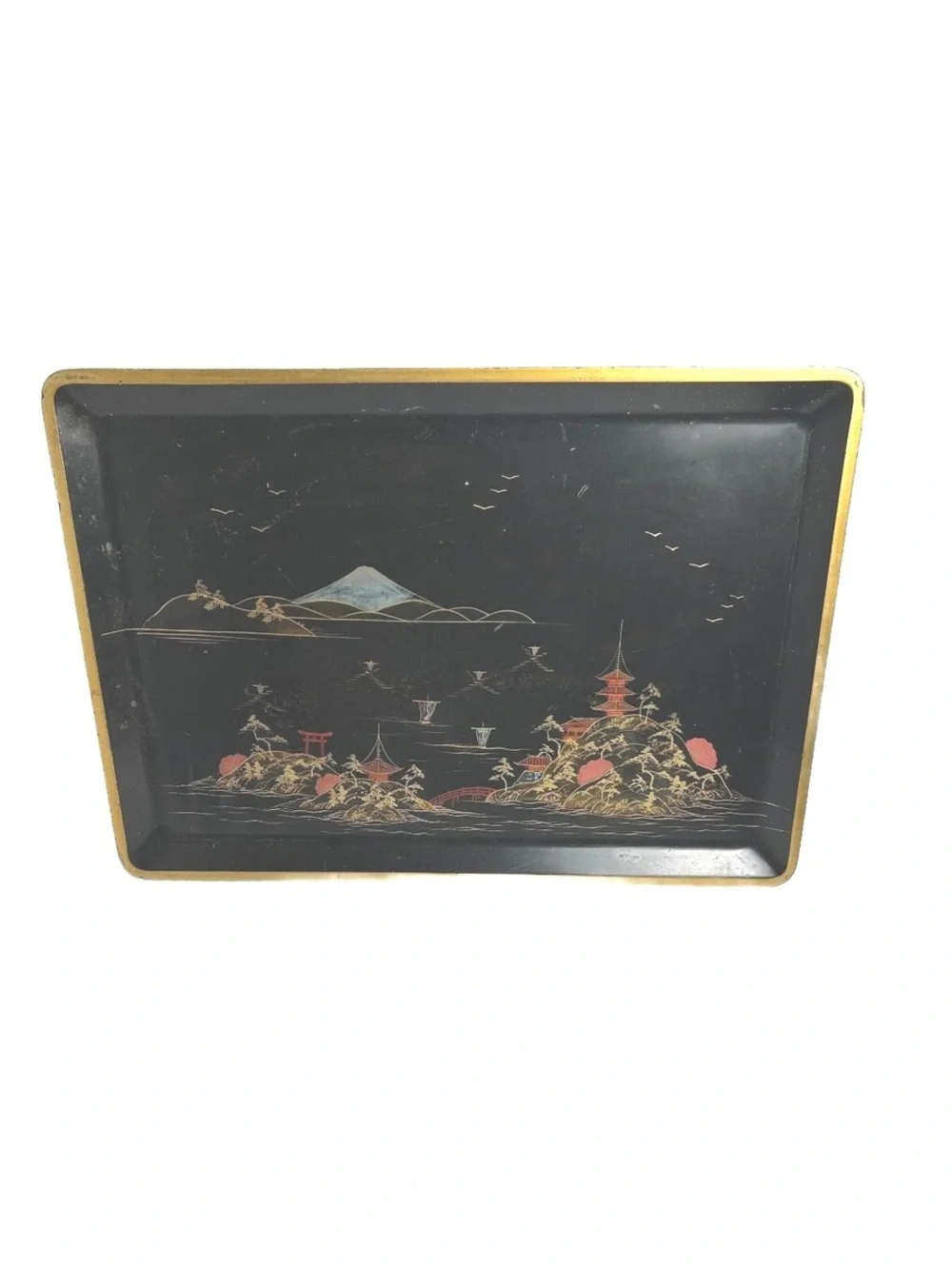 Vintage Japanese Lacquered Tray with Scenic Island and Pagoda Design