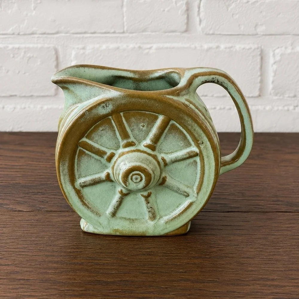 Vintage Frankoma Wagon Wheel Pitcher - Prairie Green Pottery Creamer - Ada Clay