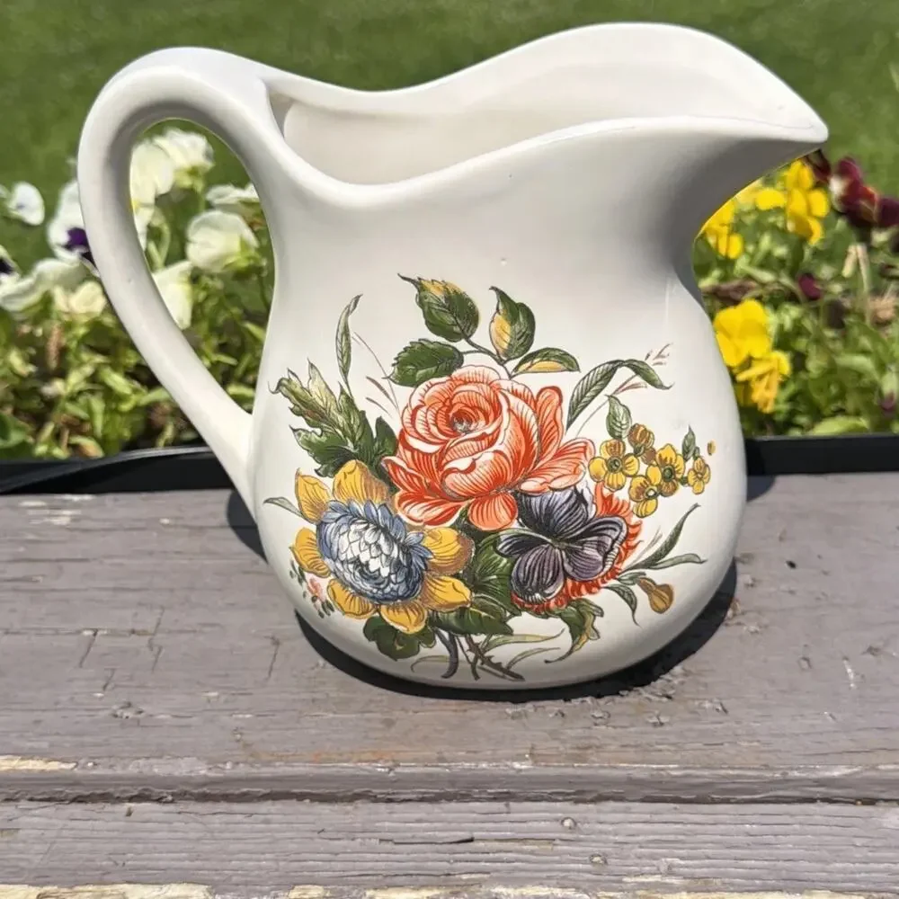 Vintage McCoy Pottery #365 USA 6.5 “ Floral Pitcher Hand Painted Farmhouse Decor